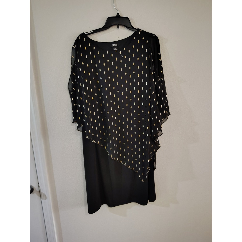 SLNY Black Gold Metallic Foil Dot Asymmetrical Overlay Dress 18W 9479114 NWT